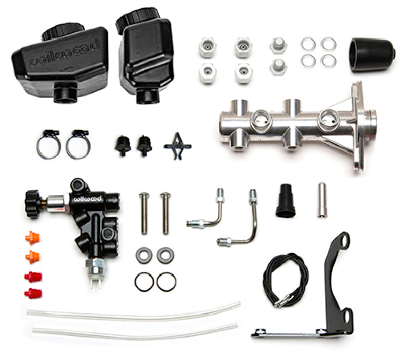 WIL Master Cylinder - Wilwood Remote Tandem M/C Kit w/Bracket and Valve - 1.12in Bore Burnished