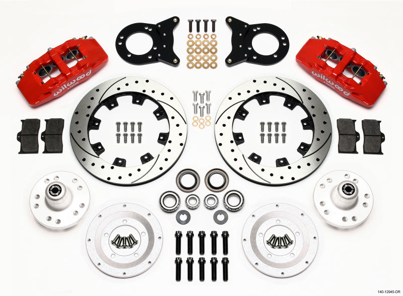 WIL Dynapro Brake Kit - Wilwood Dynapro 6 Front Hub Kit 12.19in Drill Red 1970-1973 Mustang Disc & Drum Spindle