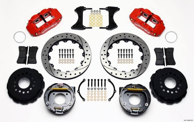 WIL Superlite Brake Kit - Wilwood Narrow Superlite 4R Rear P-Brk Kit 12.88in Drilled Red Chevy 12 Bolt w/ C-Clips Staggered mt