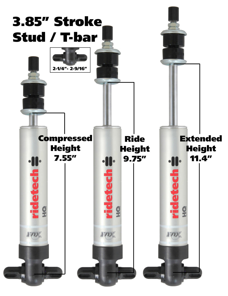 RID HQ Shocks - Ridetech HQ Series Shock Absorber Fixed Valve 3.85 Stroke Narrow T-bar/Stud Mounting 7.55in x 11.4in