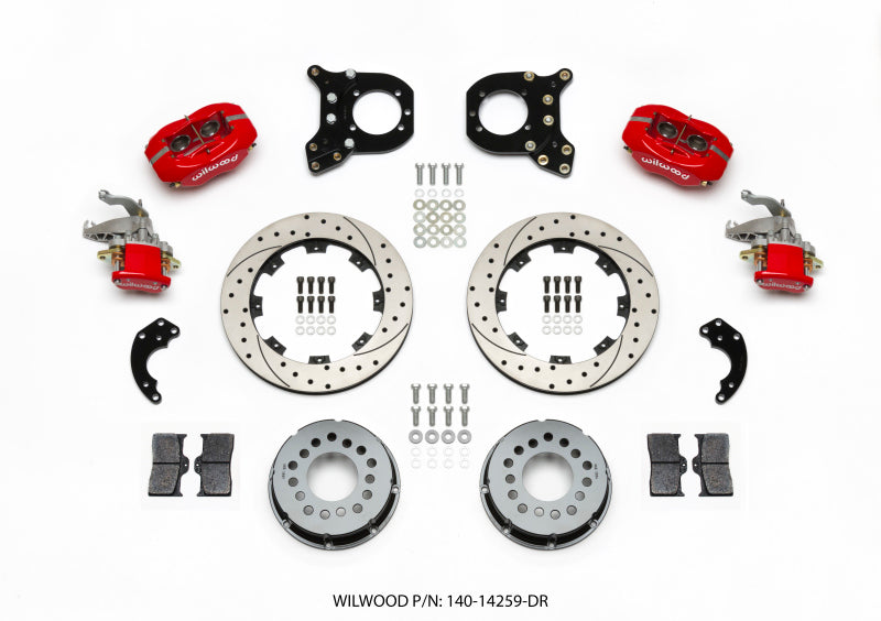 WIL Dynalite Brake Kit - Wilwood Forged Dynalite P/S Rear Kit w/MC4 P-Brake Drill Red Chev 12 Bolt w/Clip Elimin-Staggered