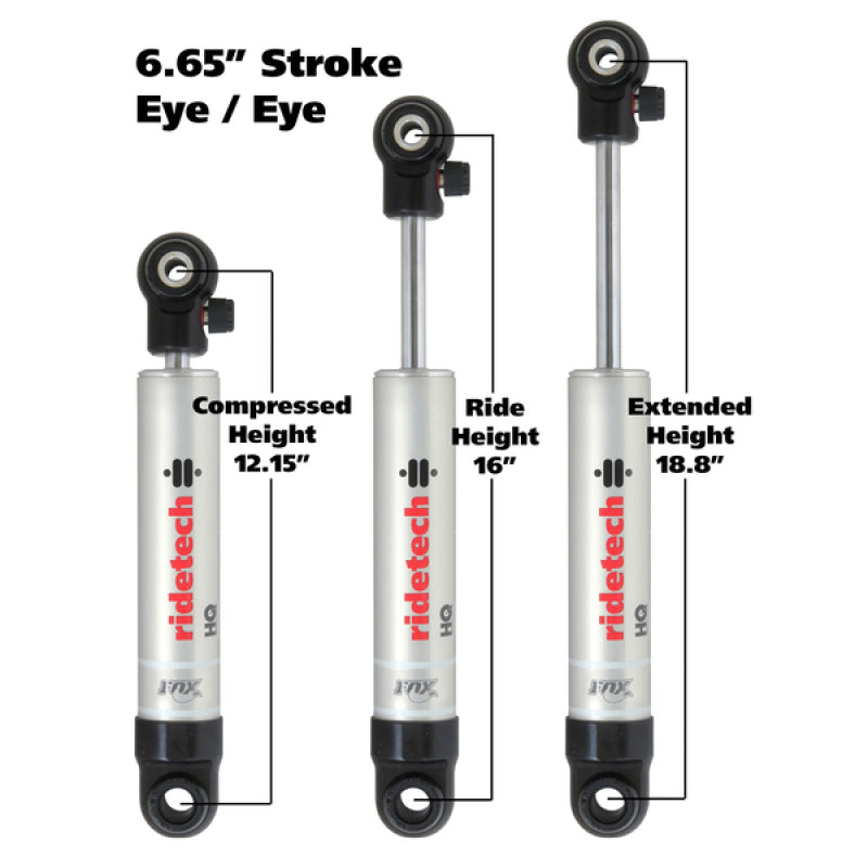 RID HQ Shocks - Ridetech HQ Series Shock Absorber Single Adjustable 6.65in Stroke Eye/Eye Mounting 12.15in x 18.8in