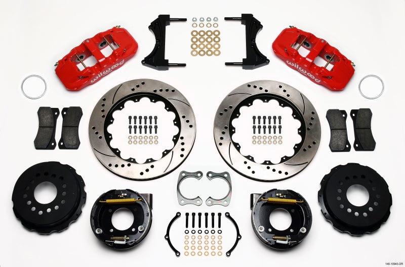 WIL Aero Brake Kit - Wilwood AERO4 Rear P-Brake Kit 14.00in Drilled Red Chevy 12 Bolt w/ C-Clips