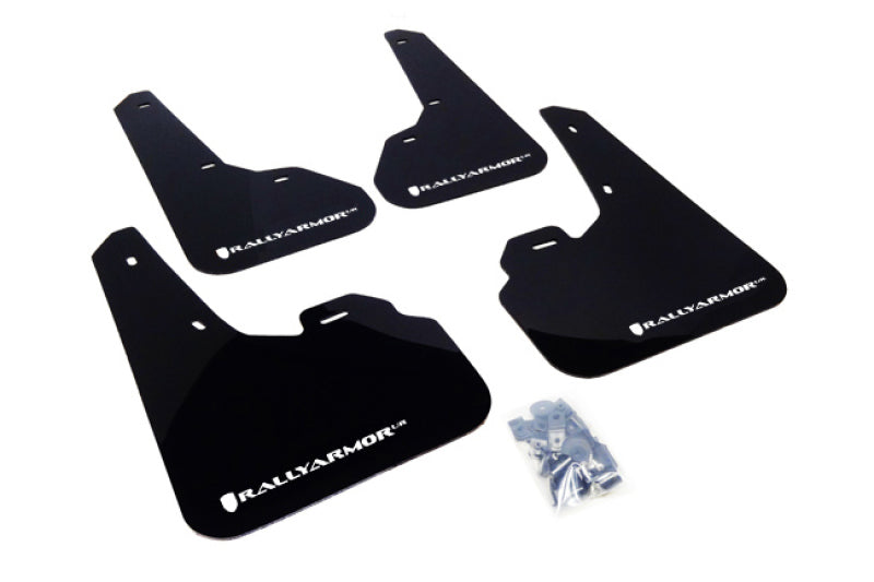 RAL UR Blk Flap/Wht Logo - Rally Armor 10-13 Mazda3/Speed3 (Hatch/Sedan) Black UR Mud Flap w/White Logo
