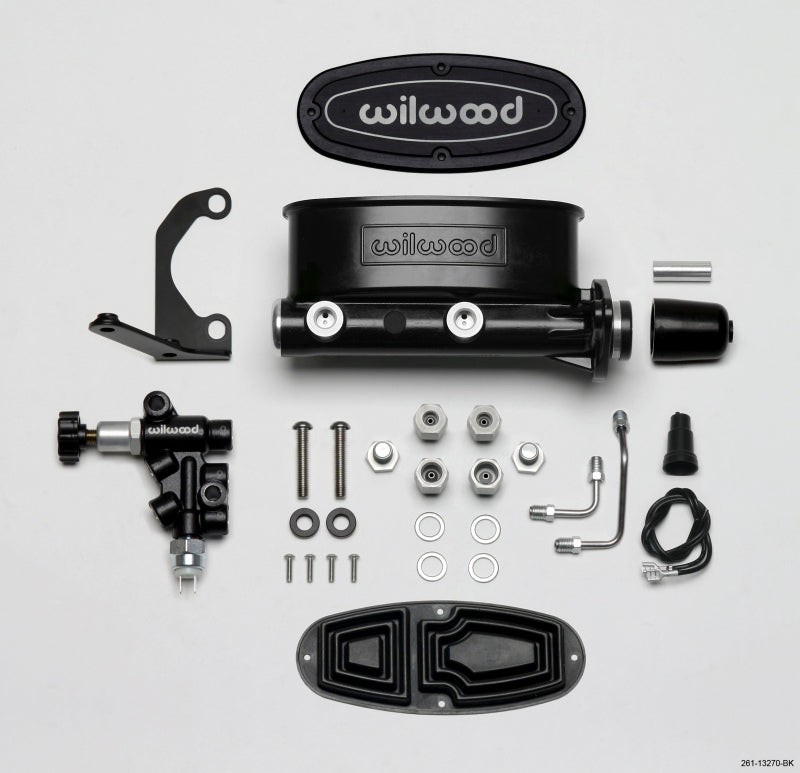 WIL Master Cylinder - Wilwood HV Tandem M/C Kit w L/H Bracket & Prop Valve - 1 1/8in Bore Black
