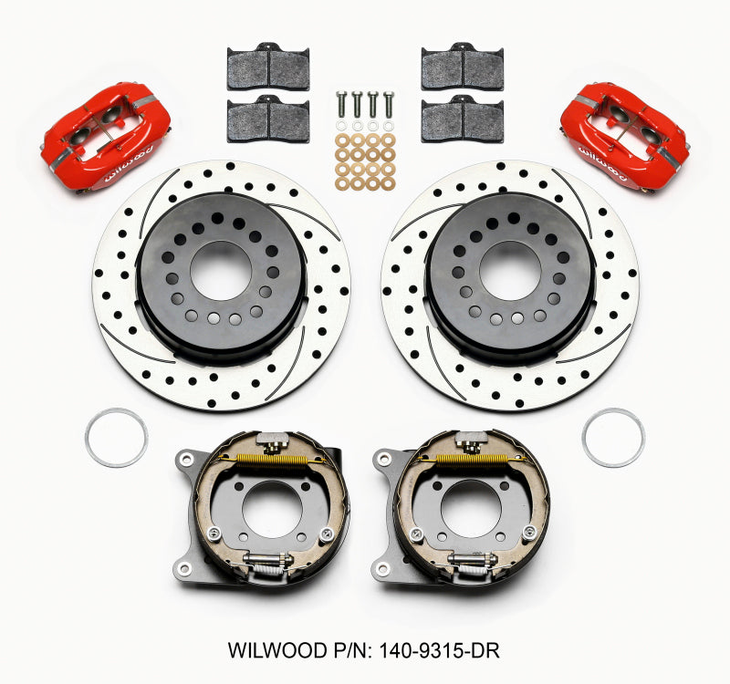 WIL Dynalite Brake Kit - Wilwood Forged Dynalite P/S Park Brake Kit Drilled Red 12 Bolt 2.75in offset Staggered Shock