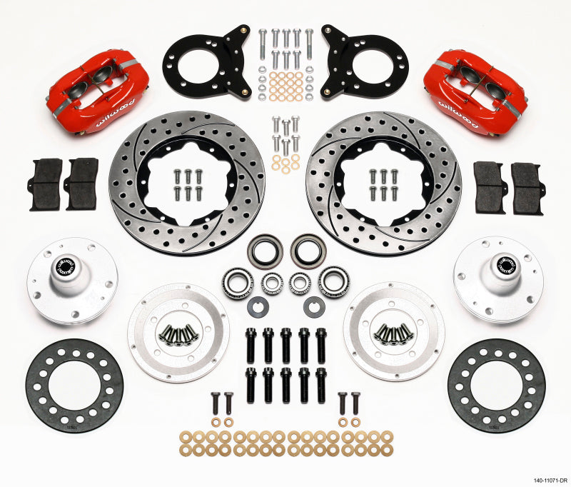 WIL Dynalite Brake Kit - Wilwood Forged Dynalite Front Kit 11.00in Drilled Red 1965-1969 Mustang Disc & Drum Spindle