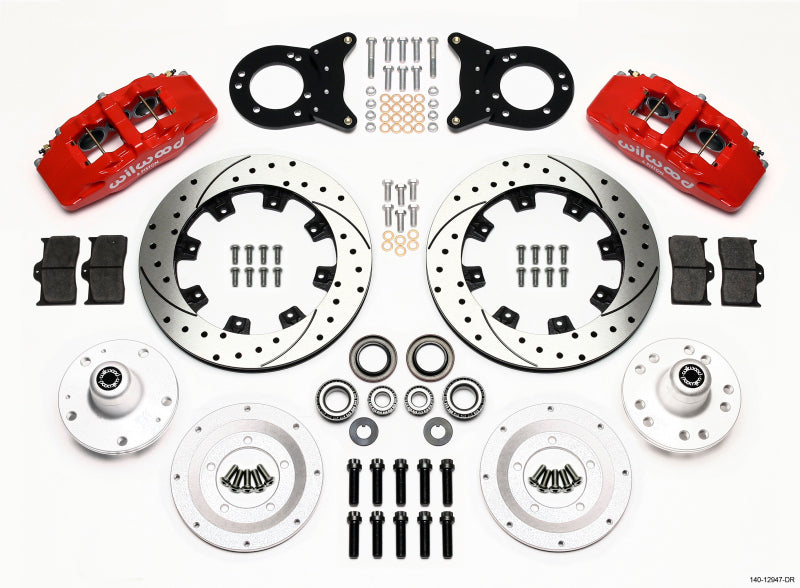 WIL Dynapro Brake Kit - Wilwood Dynapro 6 Front Hub Kit 12.19in Drill Red 1965-1969 Mustang Disc & Drum Spindle