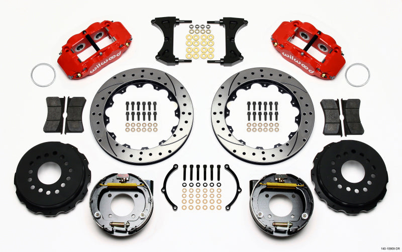 WIL Superlite Brake Kit - Wilwood Narrow Superlite 4R Rear P-Brk Kit 12.88in Drilled Red Chevy 12 Bolt-Spec 3.15in Brng Front