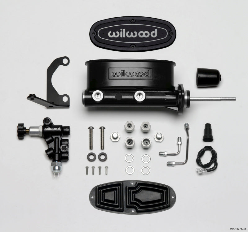 WIL Master Cylinder - Wilwood HV Tandem M/C Kit w L/H Bracket & Prop Valve - 7/8in Bore Black-W/Pushrod