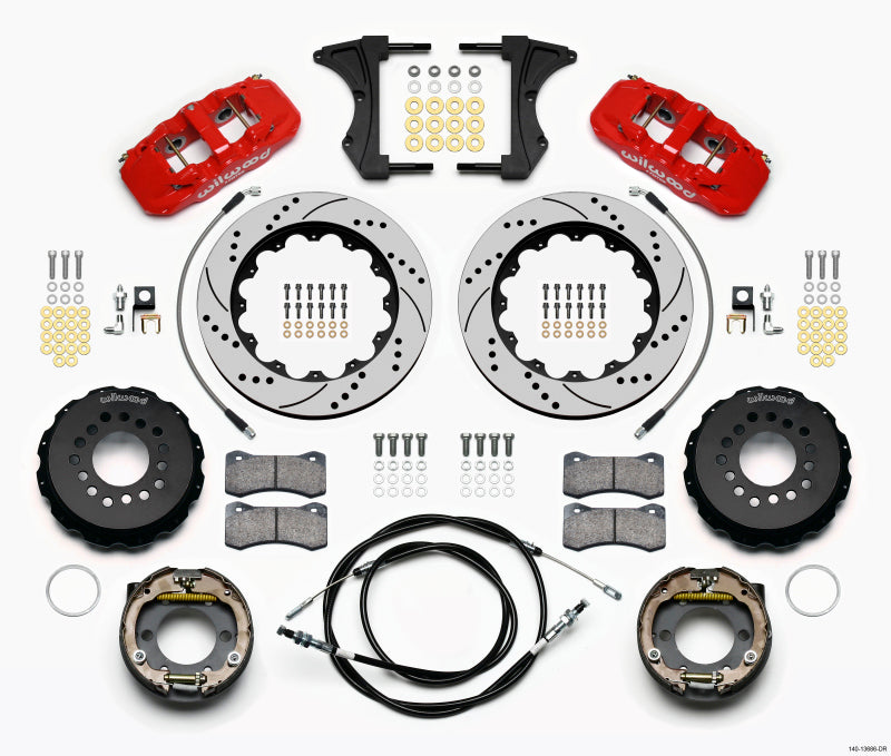 WIL Aero Brake Kit - Wilwood AERO4 Rear Kit 14.00 Drilled Red 2005-2014 Mustang w/ BMR Suspn. w/Lines