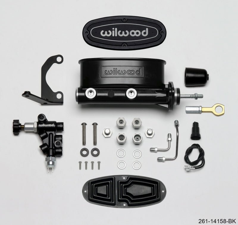 WIL Master Cylinder - Wilwood HV Tandem M/C Kit w L/H Bracket & Prop Valve - 15/16in Bore Black-W/Push. - Early Mustang